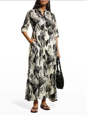 Tory Burch Tie-Waist Maxi Dress in Enchanting Black & Cream Print, Size M